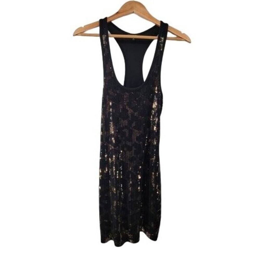 Express Women's Black & Gold Sequin Racerback Tank Dress Small
